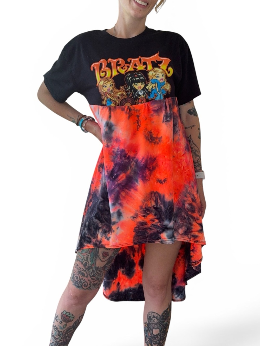 Upcycled Bratz Doll Graphic Tie-Dye High-Low T-Shirt Dress - Black & Neon Orange